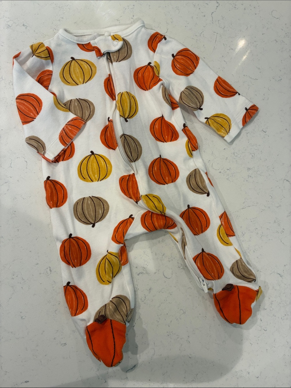 Pumpkin Print Footie One-Piece - White with Orange, Yellow & Tan Pumpkins